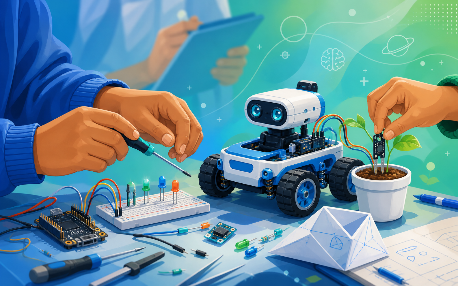 A rover, plant sensor and electronics on a project table